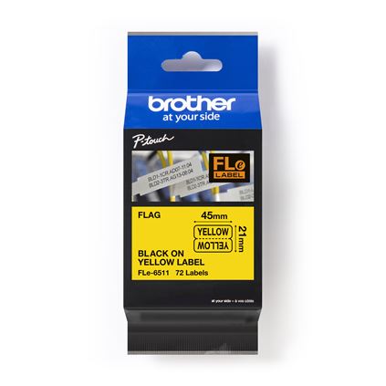 Étiquette drapeau en polyester Brother FLE6511, 21 mm x 45 mm, noir sur jaune