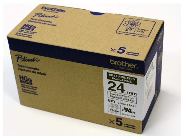 This Brother label tape 5-pack offers black ink on white tape in a 0.94 in x 26.2 ft format, perfect for labeling needs in office or industrial settings. Compatible with Brother label printers, the HGE2515PK series provides a durable and compliant labeling solution designed for precision and long-lasting performance. Ideal for users who need consistent, high-quality label output.