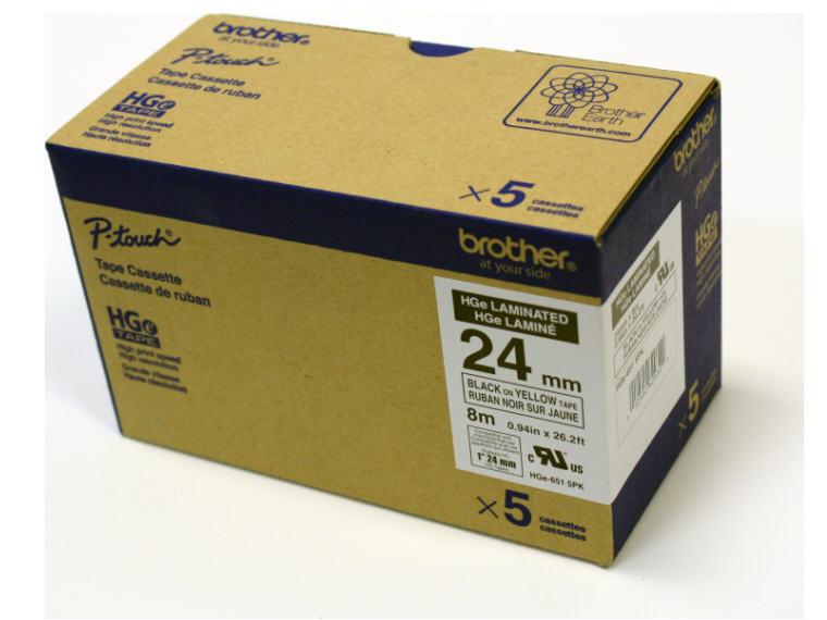 The Brother HGE6515PK features high-quality 24mm (0.94-inch) label tape with black ink on a yellow background, designed for professional labeling applications. Each pack includes five long 26.2-ft (8m) rolls, offering exceptional durability and visibility. Suitable for environments that demand TAA-compliant supplies.