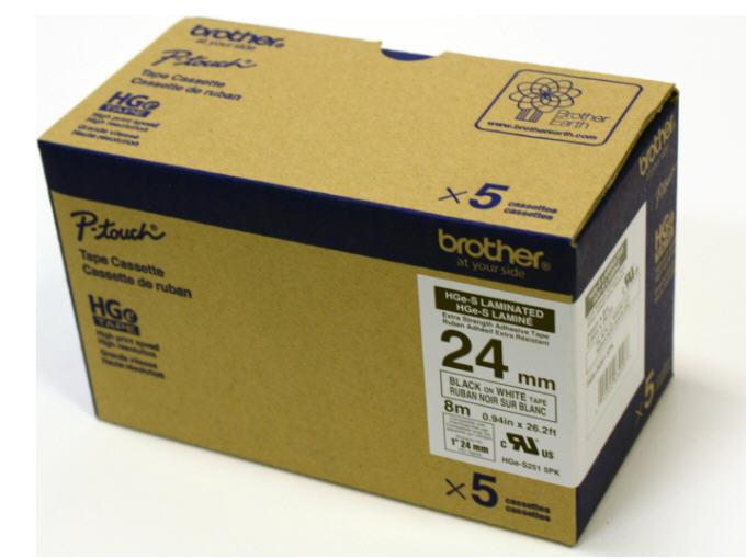 The Brother HGES2515PK label tape delivers high-quality, durable labeling performance with 0.94 in x 26.2 ft (24mm x 8m) dimensions and black ink on a white background. Designed with extra-strength adhesive, this 5-pack is ideal for demanding industrial or organizational environments where labels must remain firmly in place.