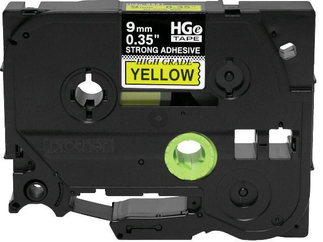 Brother HGES6215PK label tape features black ink on a yellow background and is designed with extra-strength adhesive for dependable performance on challenging surfaces. Each roll measures 0.35 inches by 26.2 feet (9mm x 8m), and this value pack includes five rolls, making it ideal for high-volume labeling needs in professional or industrial environments.
