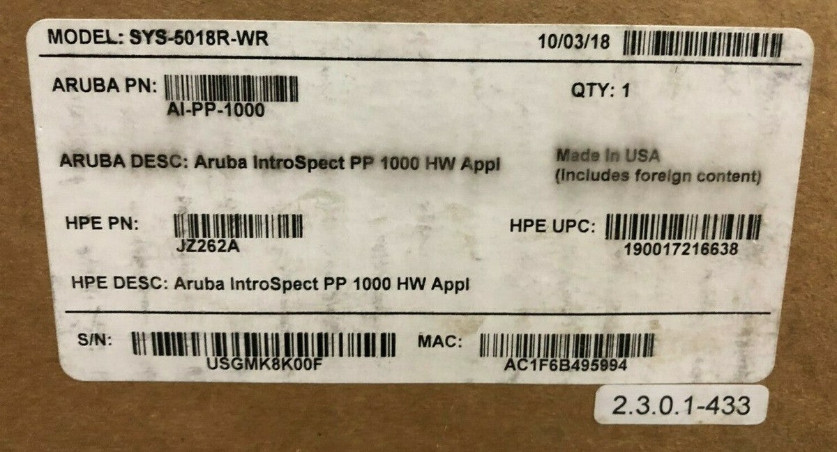 HP Aruba IntroSpect PP 1000 Hardware Appliance - JZ262A