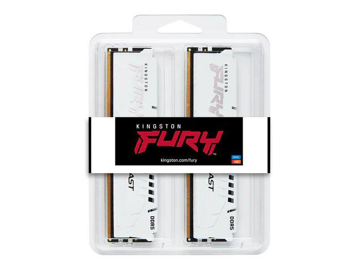 The Kingston Fury Beast White EXPO 64GB DDR5 kit features two high-performance DIMM modules rated at 6000MT/s and CL36 latency, optimized for next-generation computing tasks. Designed in a sleek white form and compliant with TAA standards, this memory kit ensures both performance and reliability for modern systems.