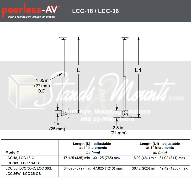 Support de plafond pour écran LCD PEERLESS LCC-18, 18 à 30 pouces, noir, capacité de charge de 18 kg