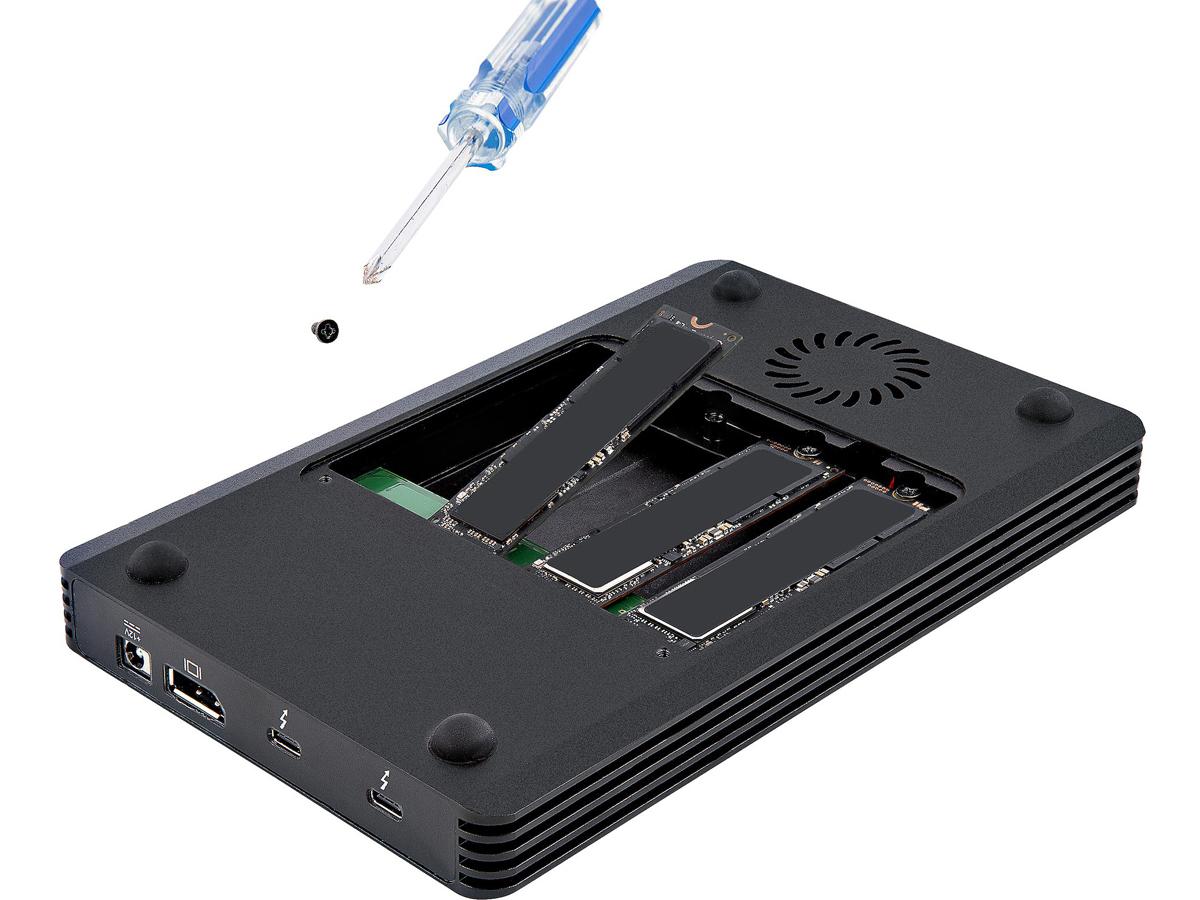 This STARTECH 4 Bay Thunderbolt 3 NVMe enclosure supports up to four 80mm M.2 SSDs (NVMe or AHCI) and features a certified Thunderbolt 3 interface for ultra-fast 40Gbps data transfers. It includes a downstream TB3 port, DisplayPort 4K@60Hz output, and a robust 72W power supply, all housed in a compact, black design. Designed for professionals who require high throughput and performance, it comes with a 2-year warranty and is fully TAA compliant.