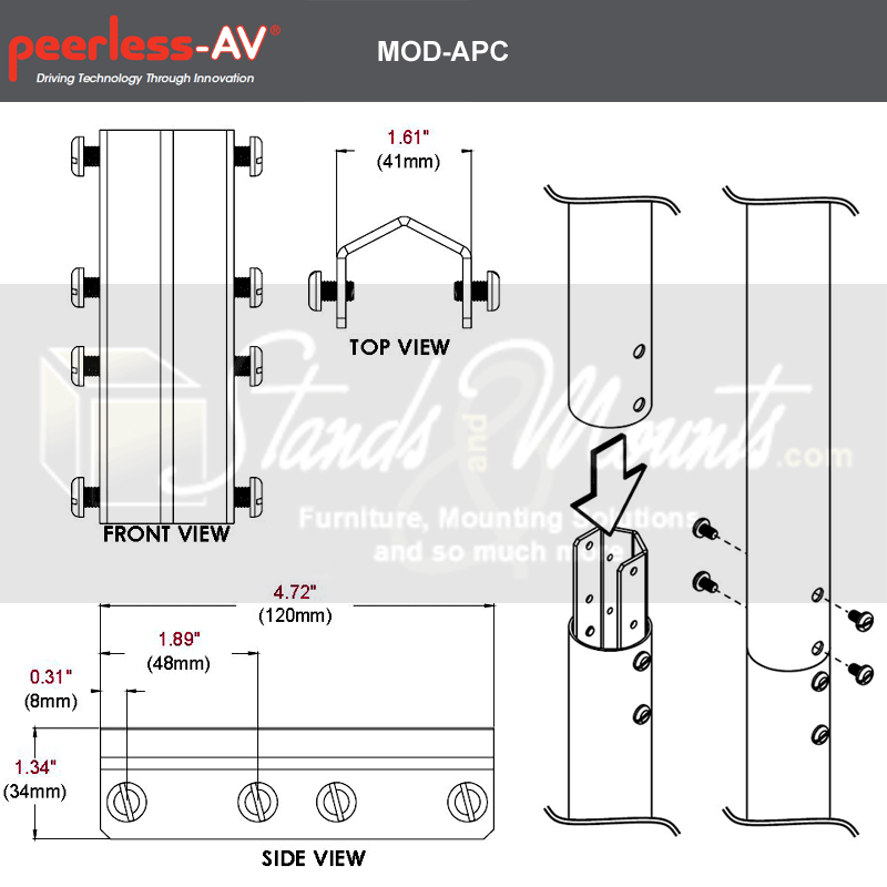 Coupleur de pôle PEERLESS MOD-APC pour supports d'affichage modulaires, noir