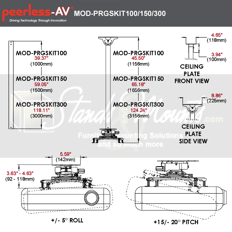 Kit de montage plafond pour projecteur Peerless MOD-PRGSKIT100-B, 1 m, noir