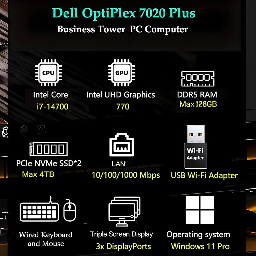 Dell OptiPlex 7020 Tower, Core i7-14700, 16GB, 512GB SSD, Win 11 Pro
