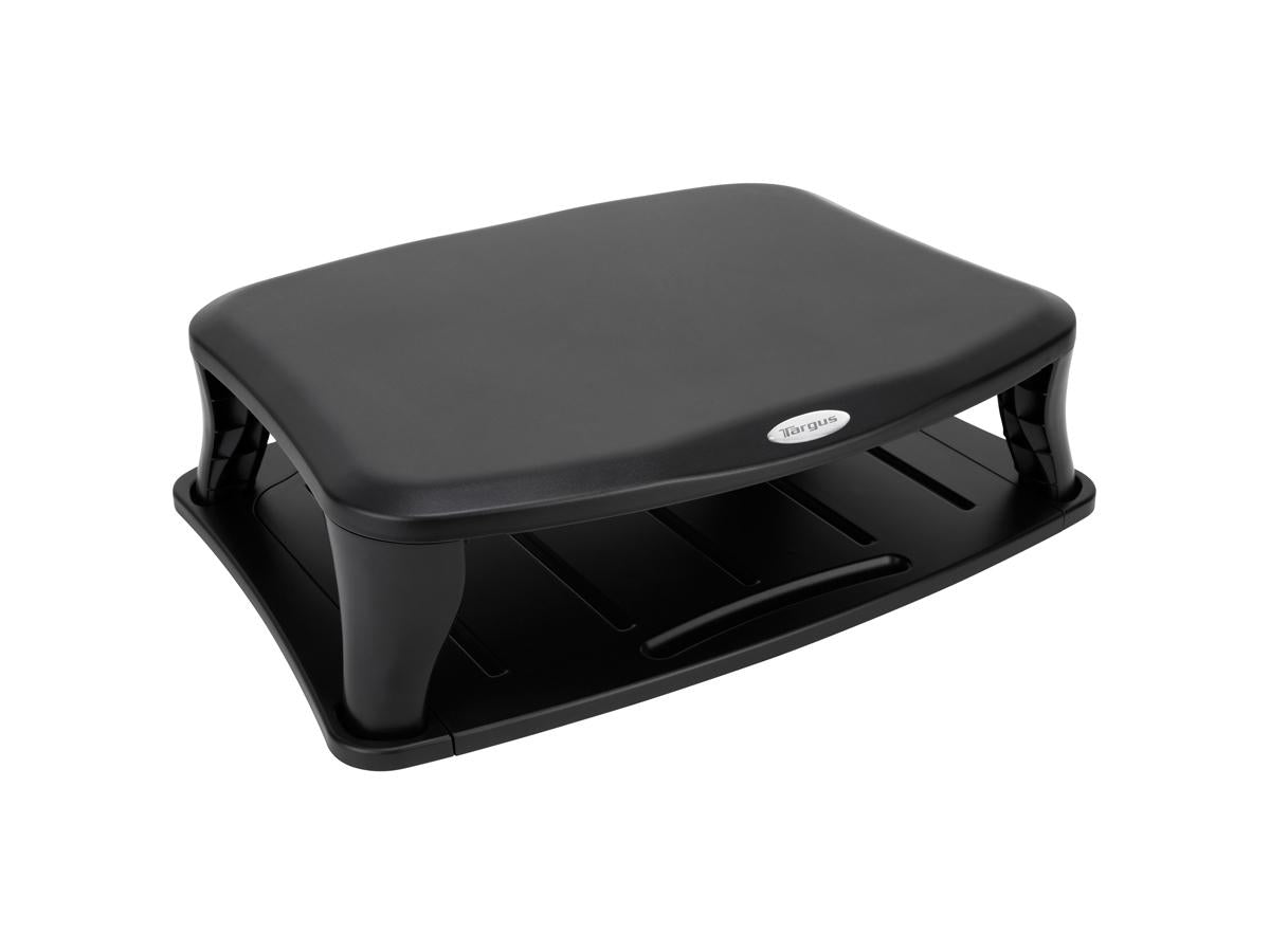 The TARGUS Universal Monitor Stand in black supports monitors up to 100 lbs and offers two adjustable height positions to suit various workspace needs. Its durable build and broad compatibility make it a practical solution for enhancing ergonomics and desk efficiency.