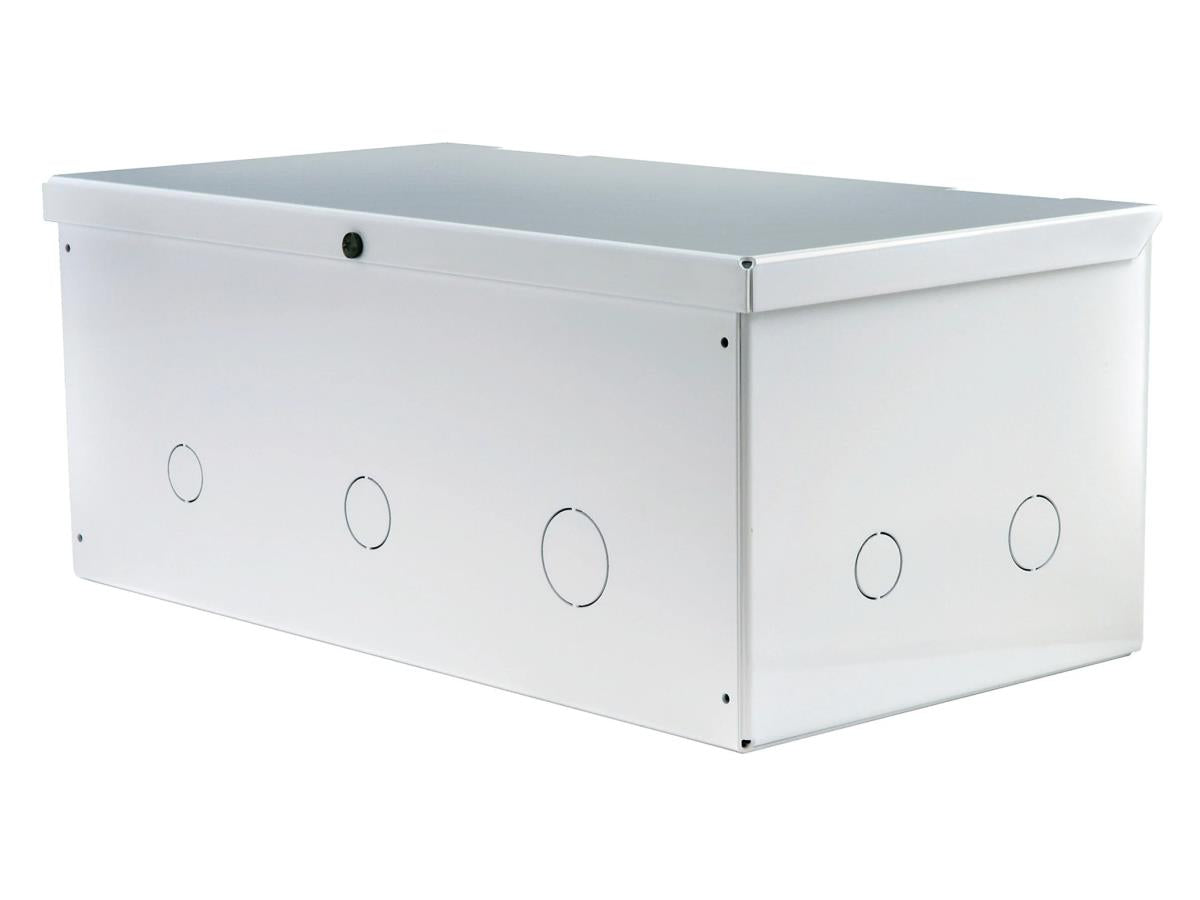 The Peerless AV PB-1 is a plenum-rated ceiling box designed for secure, clean installations of CMJ450, 453, 455, and 500 projector mounts. Built to handle up to 10 lb of weight and featuring a durable white finish, this box ensures compatibility and professional appearance in both commercial and educational environments. Its compact design and optional internal knockouts offer functional cable management while supporting TAA compliance.
