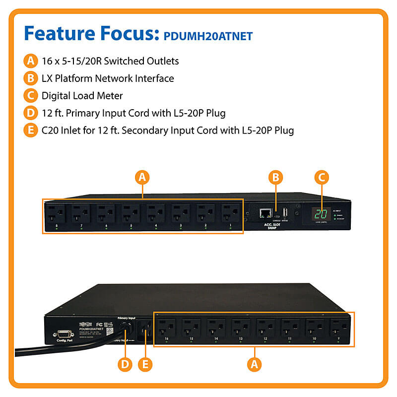 Eaton Tripp Lite Series 1.9kW Single-Phase Switched Automatic Transfer Switch PDU, 2 120V L5-20P / 5-20P Inputs, 16 5-15/20R Outputs, 1U, TAA