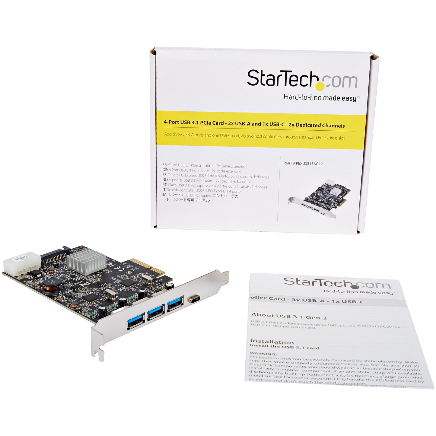 Carte PCIe StarTech 4 ports USB 3.1 Gen 2, 2 ports USB-C, 2 ports USB-A, 10 Gbit/s