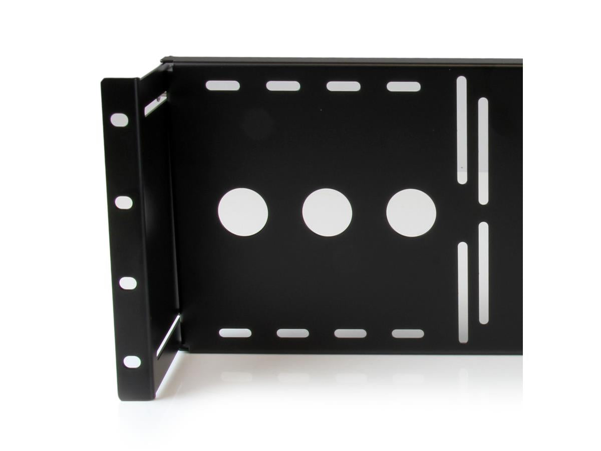 The StarTech RKLCDBK is a TAA-compliant 4U mounting bracket designed for securely installing 17–19 inch VESA LCD monitors into standard 19-inch AV racks and network cabinets. Constructed from cold-pressed steel, it provides a robust and adjustable solution for professional IT environments, supporting 100mm and 75mm VESA standards. Ideal for server rooms or studio installations, it ensures optimal equipment layout while allowing cabinet doors to close securely.