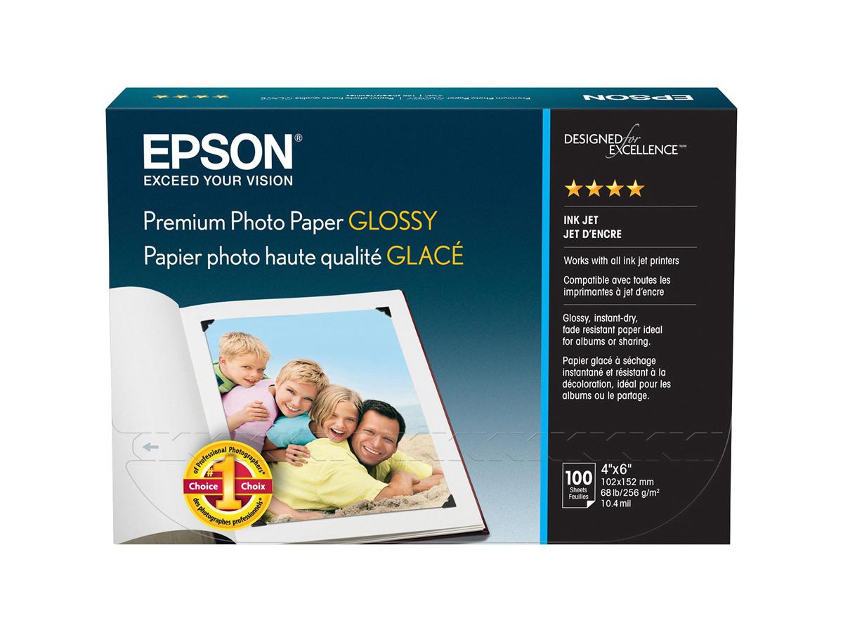 Epson Premium Resin coated glossy photo paper delivers vibrant color and crisp detail on a bright white surface. Sized at 4x6 inches and sold in packs of 100, it's made in Japan for consistent quality and TAA compliance. Ideal for use with Epson 3640 and compatible photo printers.