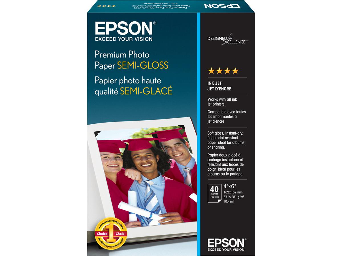 EPSON Premium Photo Paper Semi-Gloss offers vibrant, photo-lab-quality printing on a 4x6-inch borderless surface. Designed for inkjet printers, this semi-gloss paper is ideal for snapshots and photos, delivering rich colors and sharp details. Each pack contains 40 high-quality sheets sourced from Japan.