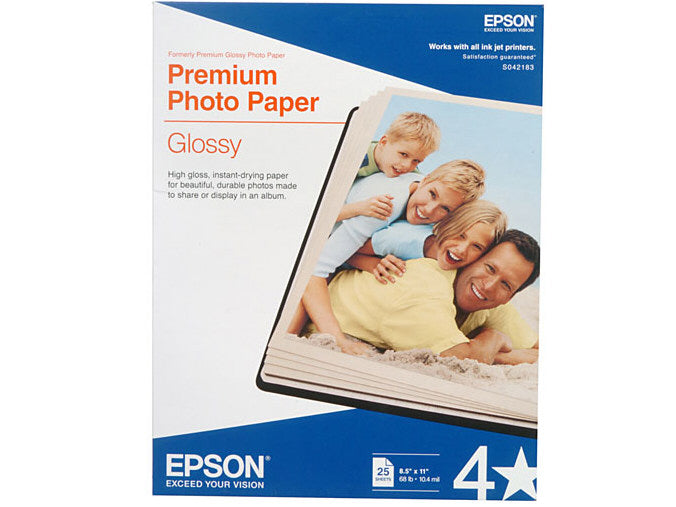 Epson Premium Photo Paper Glossy delivers a professional-level photo finish with brilliant color and detail. Sized at standard letter dimensions (8.5x11 inches), this package includes 25 high-gloss sheets designed for photo printing and vibrant color reproduction. Made in Japan and TAA-compliant, it's ideal for high-quality office or personal printing needs.