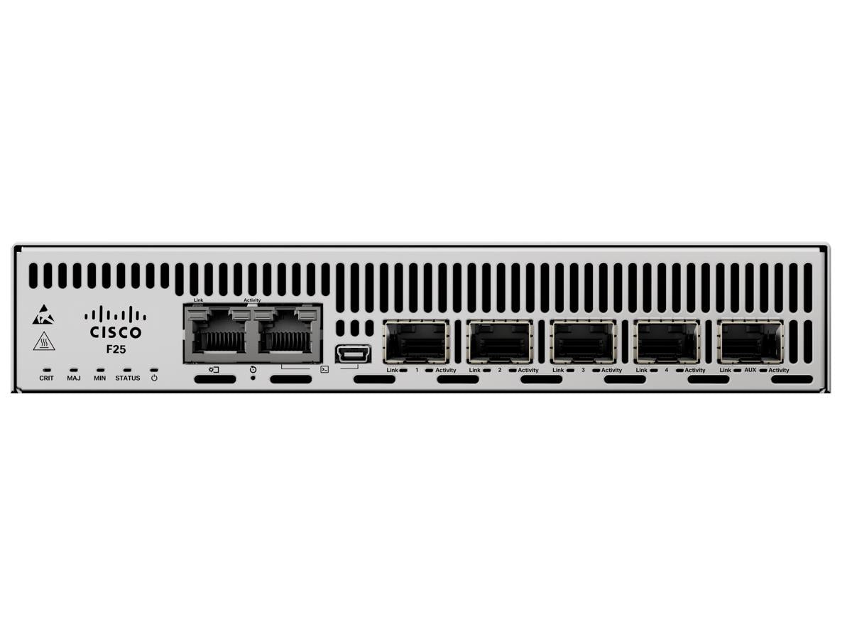The Cisco F25 Assurance Sensor offers high-speed connectivity with four 25GbE SFP28 ports, designed for commercial environments and powered via a DC input. This 1RU network device ensures accurate provider connectivity monitoring and features multiple interface options including USB Mini-B console, RJ-45, and SFP10 slots. Engineered to meet RoHS and TAA compliance, it balances compact design with powerful 72W performance.