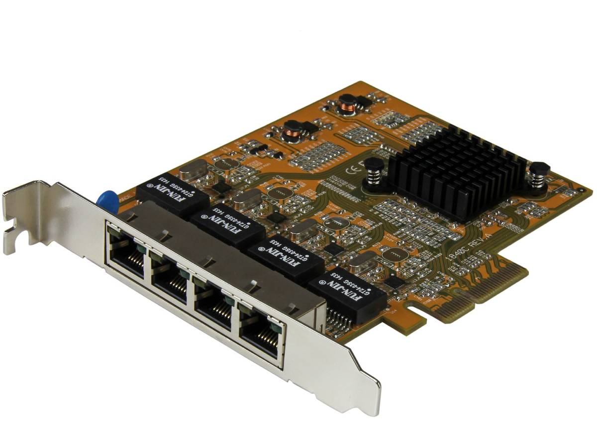 Add four high-speed Gigabit Ethernet ports to your server, workstation, or client system through a single PCI Express x4 slot with the StarTech 4-Port PCIe Network Adapter. This quad-port NIC offers full-duplex flow control and wired connectivity for demanding network environments. It complies with IEEE Ethernet standards and supports TAA compliance, making it ideal for both commercial and government use.