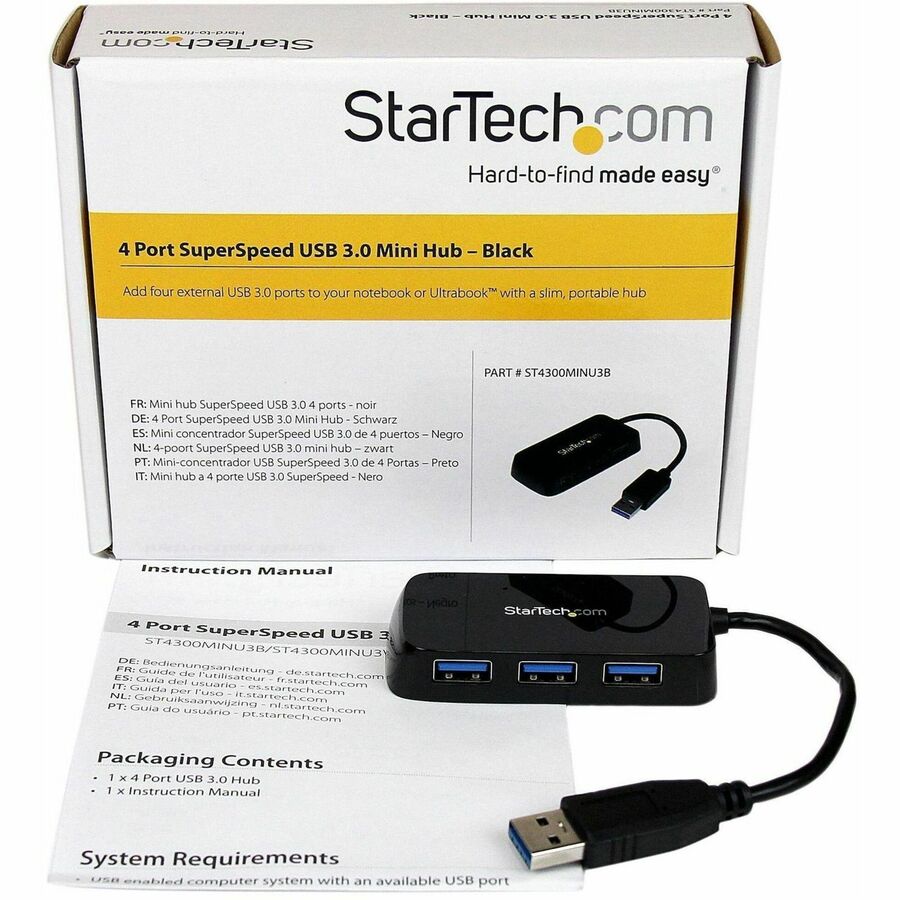 STARTECH Portable 4 Port Mini USB 3.0 Hub - Black