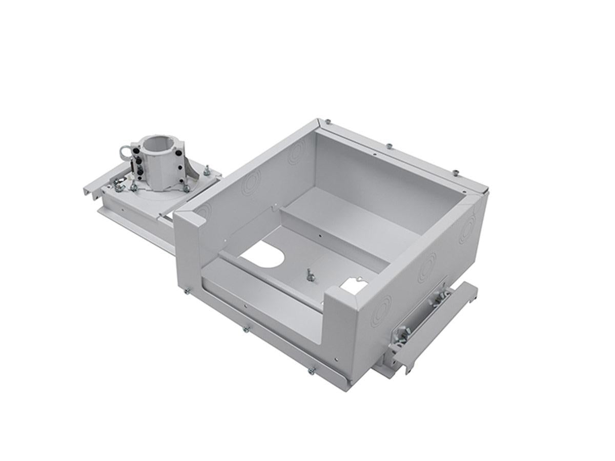 Suspended Ceiling Projector System with integrated storage in a white finish. Designed for streamlined projector installations, it features tool-free adjustments, dual cable channels, and secure locking for safety and convenience in commercial AV setups.