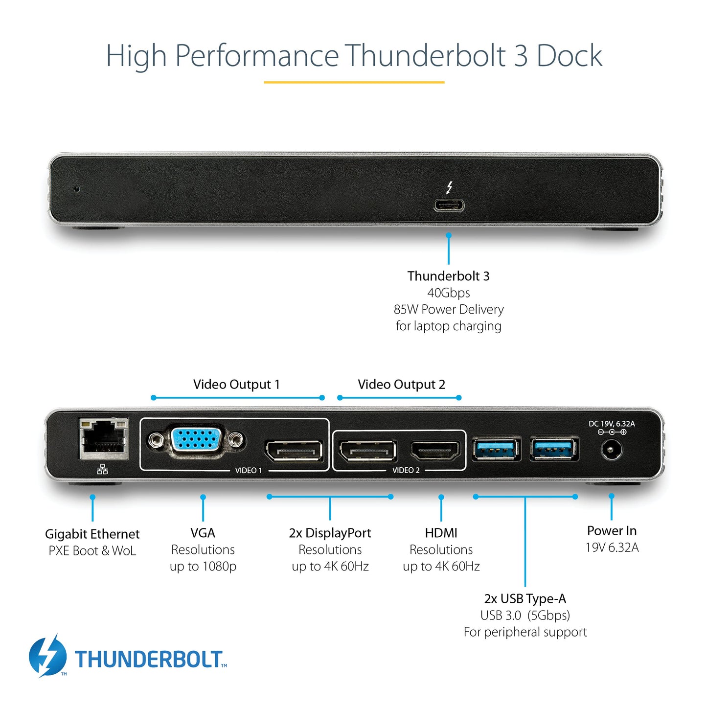 Station d'accueil StarTech Thunderbolt 3 double 4K DP/HDMI/VGA, 85 W PD, TB3, USB-A, GbE