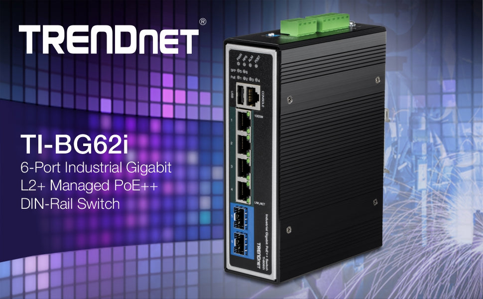 TRENDnet TI-BG62I 6-Port Industrial Gigabit L2+ Managed PoE++ Switch
