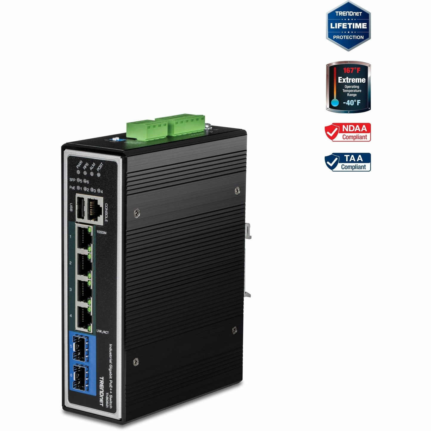 TRENDnet TI-BG62I 6-Port Industrial Gigabit L2+ Managed PoE++ Switch