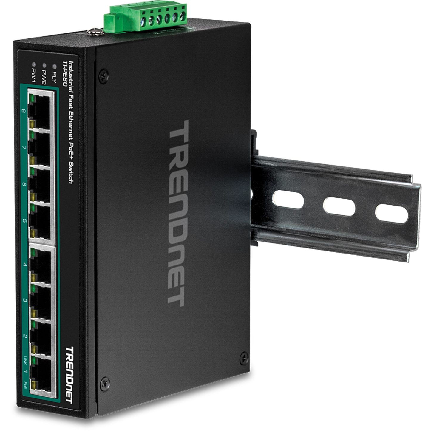 Commutateur industriel Fast Ethernet PoE+ à 8 ports sur rail DIN TRENDnet TI-PE80