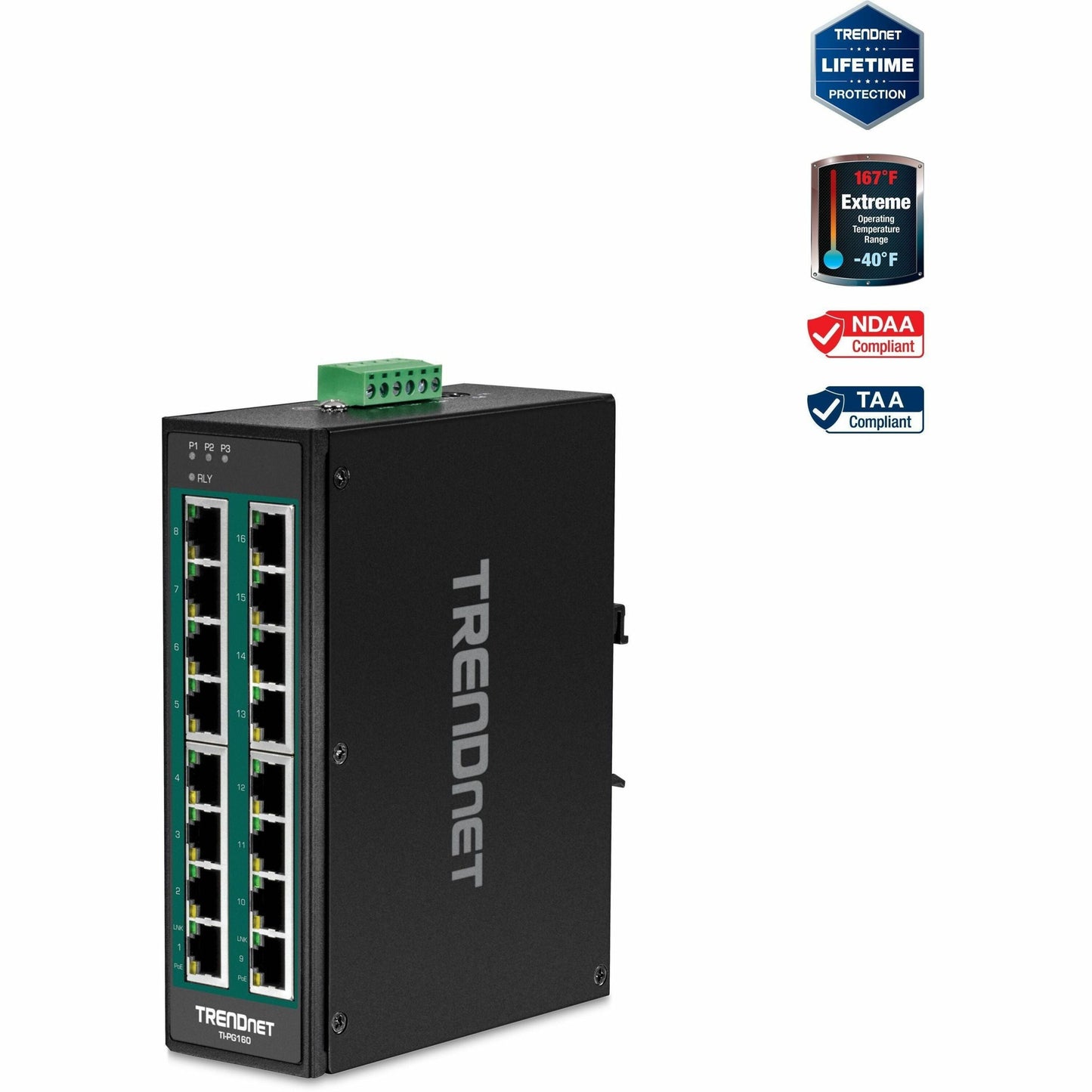 Commutateur industriel Gigabit PoE+ 16 ports sur rail DIN TRENDnet TI-PG160