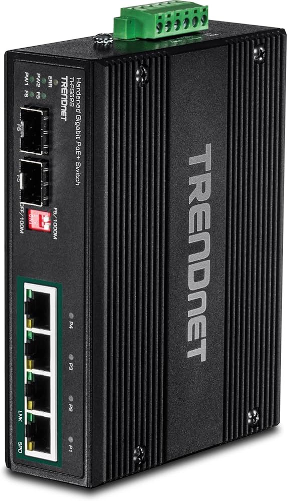 TRENDnet TI-PG62B 6-Port Industrial Gigabit PoE+ Switch with 2 SFP Slots