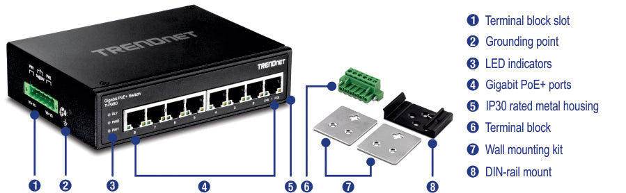 Commutateur industriel Gigabit PoE+ 8 ports TRENDnet TI-PG80