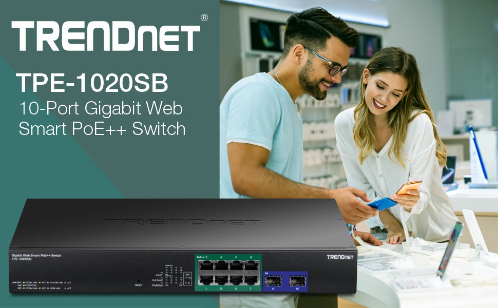 Commutateur Web Smart PoE++ Gigabit 10 ports TRENDnet TPE-1020SB