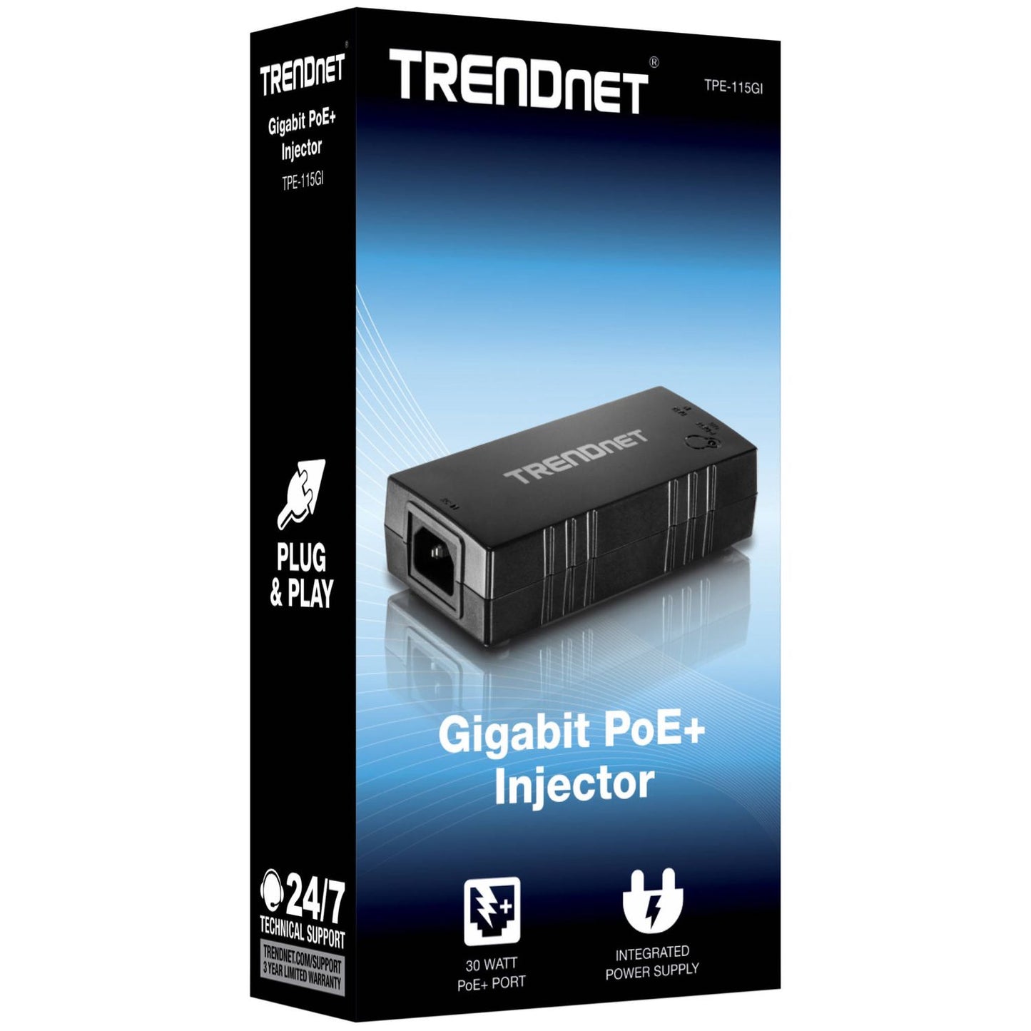 Injecteur Gigabit PoE+ TRENDnet TPE-115GI, 100–240 V, garantie 3 ans