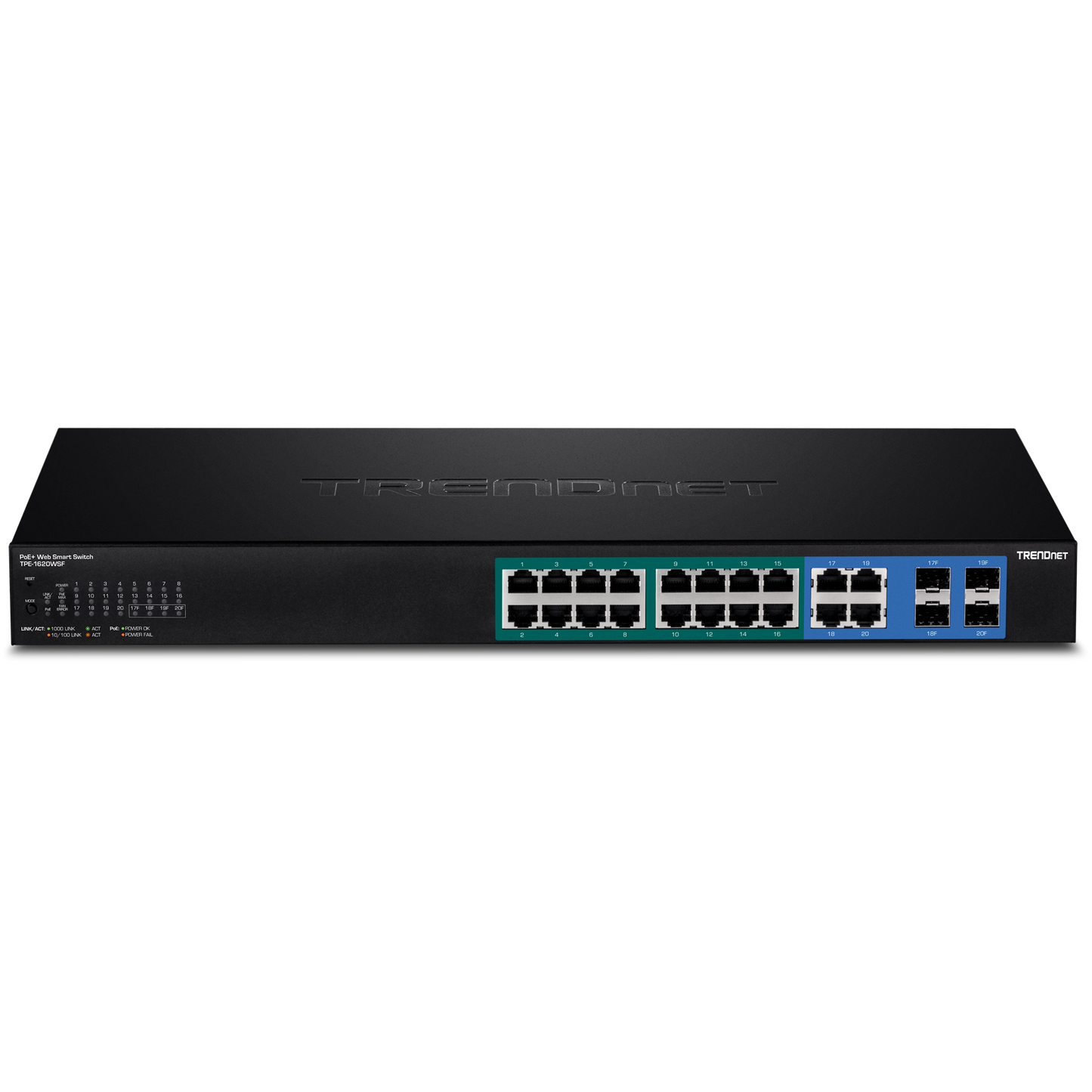 Commutateur Gigabit PoE+ TRENDnet TPE-1620WSF 20 ports avec 2 SFP et alimentation 370 W