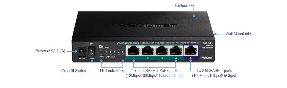 Commutateur PoE+ non géré TRENDnet TPE-TG350 à 5 ports 2,5 G
