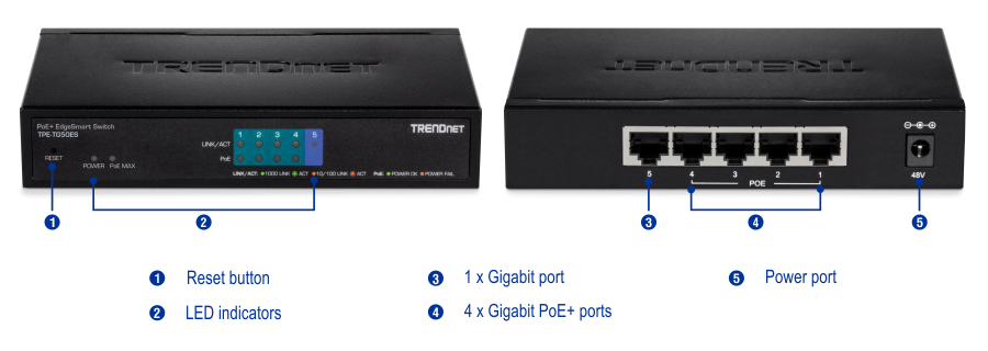 Commutateur PoE+ EdgeSmart Gigabit 5 ports TRENDnet TPE-TG50ES