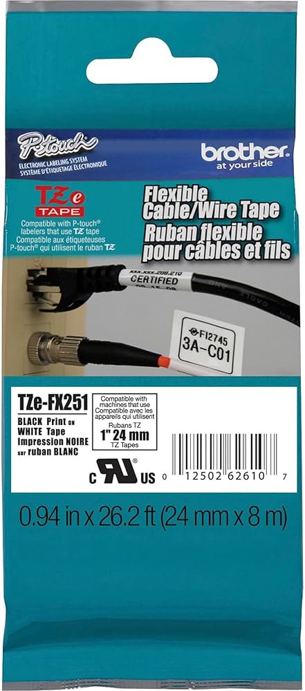 Ruban d'étiquettes flexible bleu Brother TZe-FX551 24 mm, encre noire