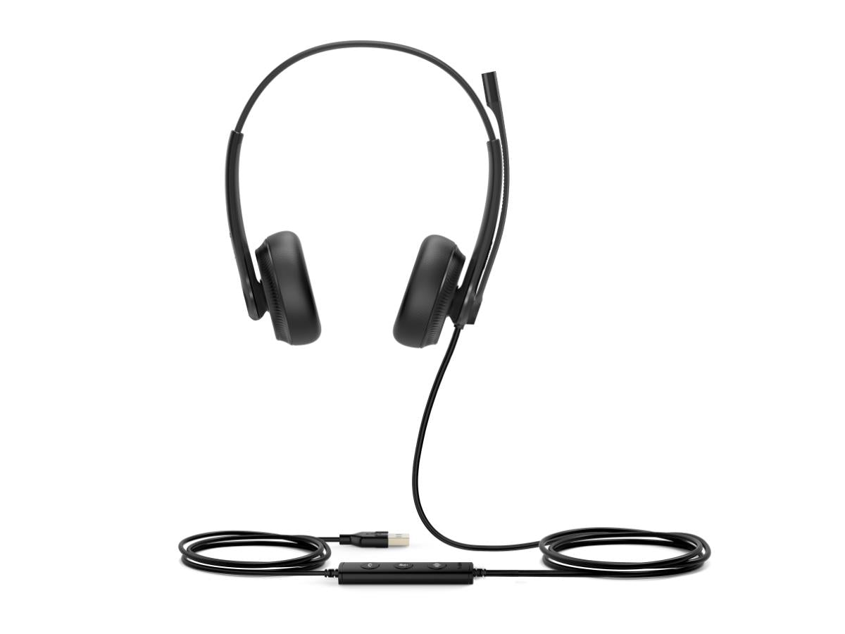 The YEALINK UH34 Dual UC is a professional USB-wired headset designed for Unified Communications applications. Featuring dual-ear (binaural) coverage, supra-aural fit, and leather ear cushions, it ensures comfort during prolonged usage. Equipped with a noise-canceling microphone and USB-A 2.0 interface, it's built for clear voice transmission and reliable daily performance.