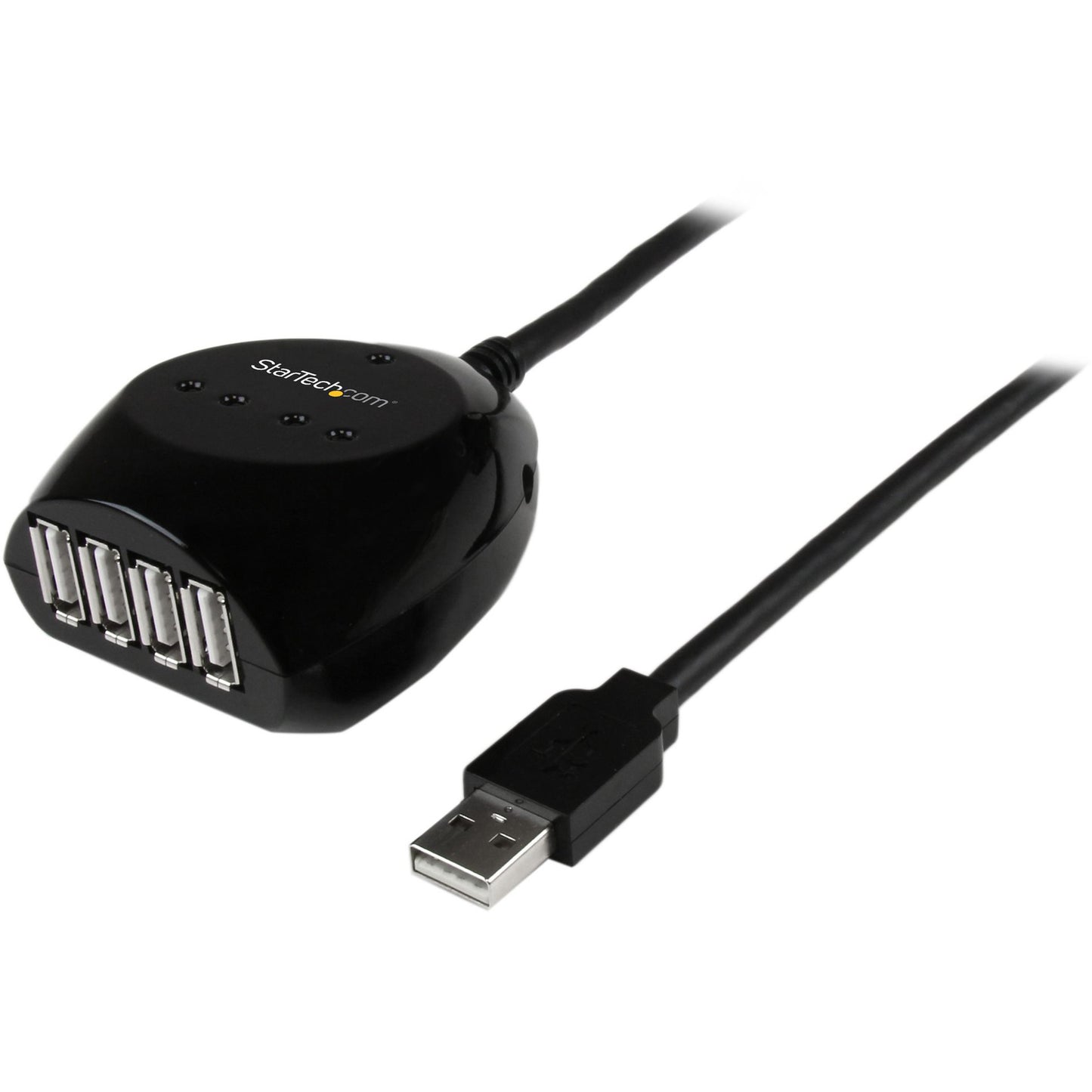 Connect up to four USB 2.0 devices at extended range with the StarTech 15m (50ft) USB 2.0 Active Extension Cable featuring an integrated 4-Port Hub. This black active USB cable ensures signal integrity over 15 meters and is ideal for peripherals needing extended reach. Designed with durable shielding and TAA compliance, it's ready for demanding professional setups.