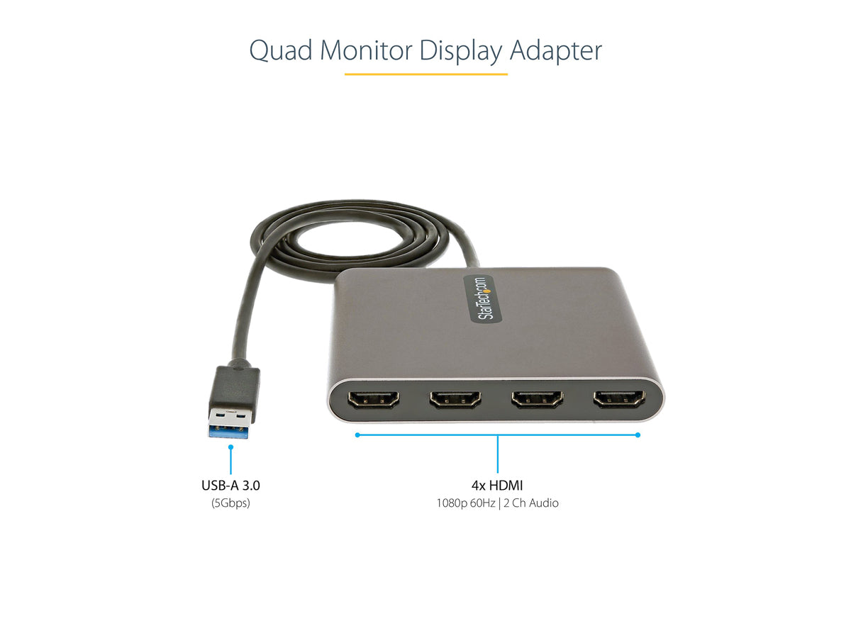 USB 3.0 to 4 HDMI adapter extends your desktop by adding up to 4 monitors - Quad 1080p 60Hz - USB-A to HDMI adapter/converter works w/ Windows - Auto-driver install - Bus-power - Included software for multi-tasking and window arrangement
