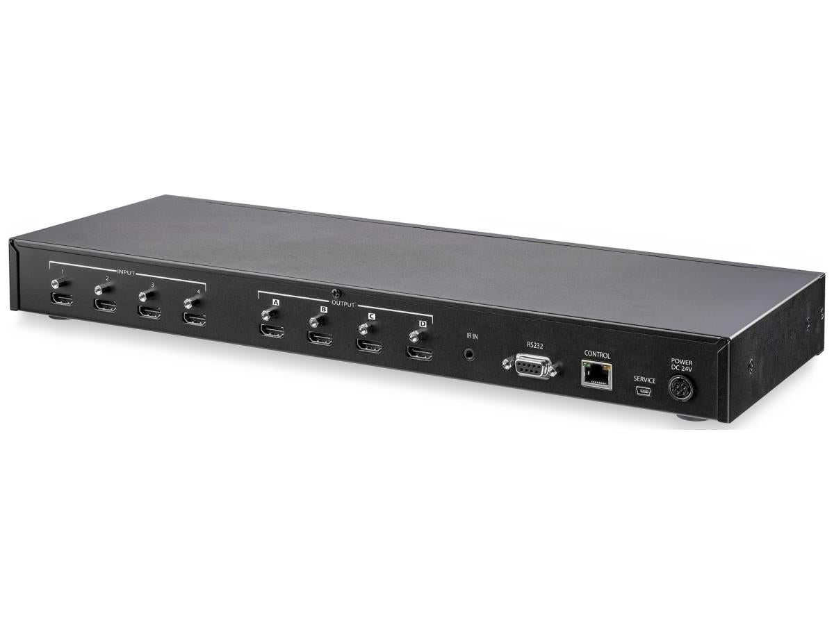 Share and switch four distinct HDMI AV signals between four separate displays in a matrix configuration. WebGUI enables users to control the 4x4 HDMI Matrix Switch remotely. Enjoy astonishing picture quality with support for resolutions up to 4K 60Hz.