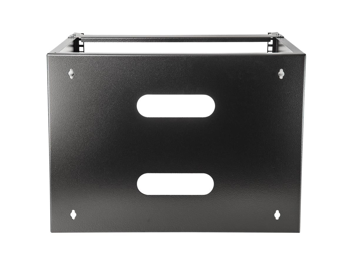The STARTECH 8U Wall Mount Rack offers a compact and sturdy solution for organizing shallow networking equipment such as patch panels and network switches. Built from durable cold-rolled steel and designed to support up to 80 lbs, this 19-inch wide rack is ideal for space-conscious installations. With a depth of 14 inches and built-in cable routing, it's a smart choice for network closets, classrooms, or small IT environments.