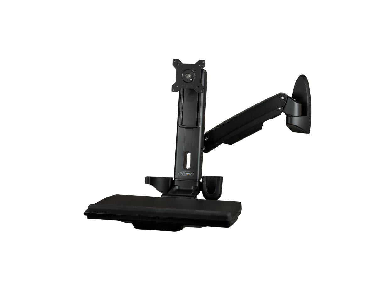 This ergonomic wall-mount workstation from StarTech offers an all-in-one space-saving solution for stand-up computing. Designed for VESA-compatible monitors up to 17.6 lb, it features a full-motion, height-adjustable arm, keyboard tray, and integrated holders for mouse and scanner. Perfect for healthcare, industrial, or office environments where space and adaptability are key.