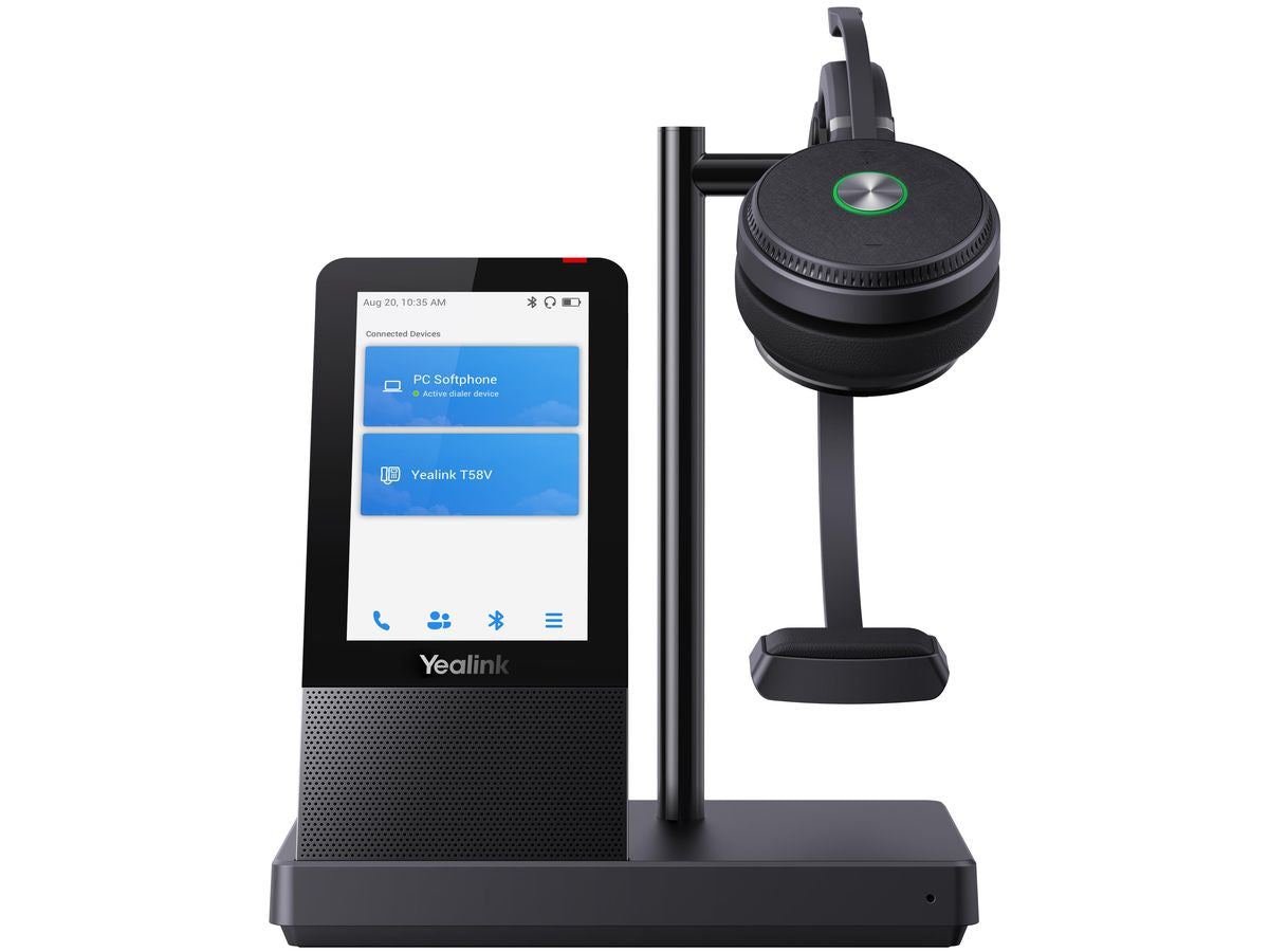 The YEALINK WH66 Mono UC is a professional DECT wireless headset designed for unified communications. Featuring a monaural on-ear design, dual microphones with Acoustic Shield Technology, and a built-in touch screen speakerphone, it is optimized for productivity and comfort. Its wide connectivity options and intuitive controls make it suitable for intensive business communication environments.