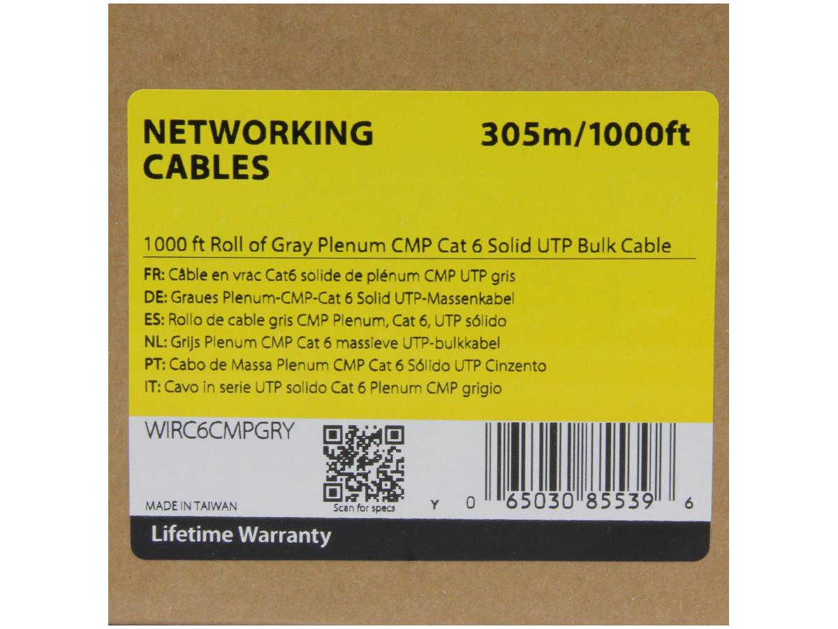 Bulk Cat 6 Ethernet Cable - 1000 ft. - Solid - CMP/FT6 Plenum Fire Rating - ETL Verified - Gray - TAA Compliant