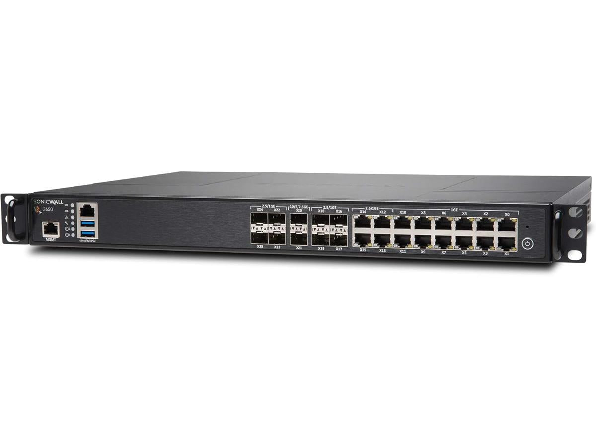 The SonicWall NSa 3650 is a robust 1U firewall designed for high-performance networking environments. With multiple 10GbE and 2.5GbE ports, this appliance supports advanced security functions while providing flexible connectivity and a throughput of up to 3.75 Gbps. It is ideal for enterprise deployments requiring scalable protection and reliable traffic management.