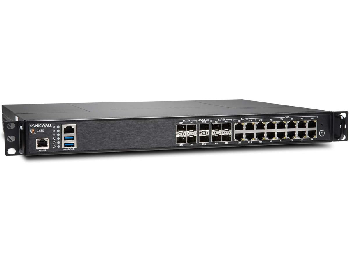 The SonicWall NSa 3650 is a robust 1U firewall designed for high-performance networking environments. With multiple 10GbE and 2.5GbE ports, this appliance supports advanced security functions while providing flexible connectivity and a throughput of up to 3.75 Gbps. It is ideal for enterprise deployments requiring scalable protection and reliable traffic management.