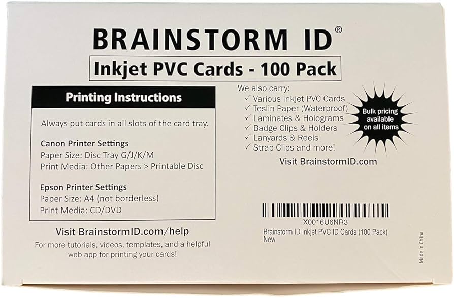 Cartes plastiques jet d'encre Canon CR80 16 mil, recto verso, paquet de 250