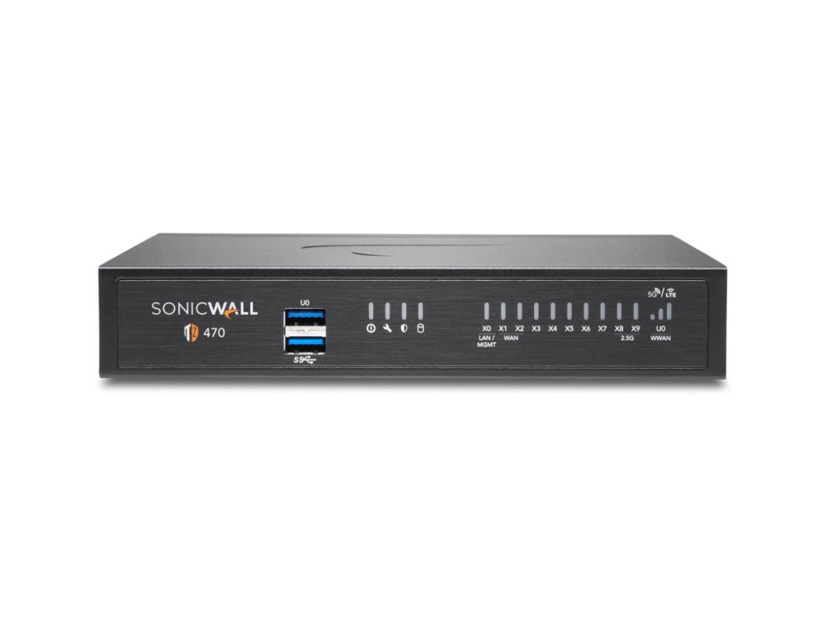 The SONICWALL TZ470 is a compact desktop firewall offering robust network protection with 13 total ports, high-speed 2.5 Gbps throughput, and advanced VPN and IPS capabilities. Equipped with eight 1GbE ports and two 2.5G SFP+ interfaces, it's ideal for high-performance SMB deployments requiring strong security policies. Running SonicOS 7, it supports IPsec VPN, IPS, and a range of protocols with dedicated hardware and wired connectivity.