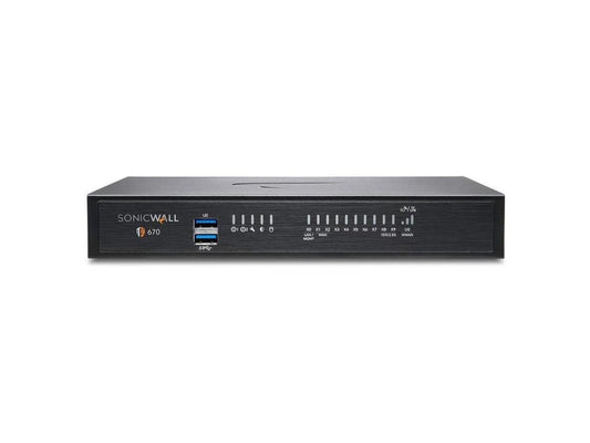 The SONICWALL TZ670 Total Secure - Essential Edition 1YR delivers high-performance network security in a compact desktop form factor. Equipped with 8x1GbE and 2x10G SFP+ interfaces, this firewall ensures fast, reliable connectivity while supporting advanced protocols including IPSec VPN and AES encryption. Its subscription-based Essential Edition offers an integrated solution with SonicOS 7 and robust security services ideal for mid-size businesses.